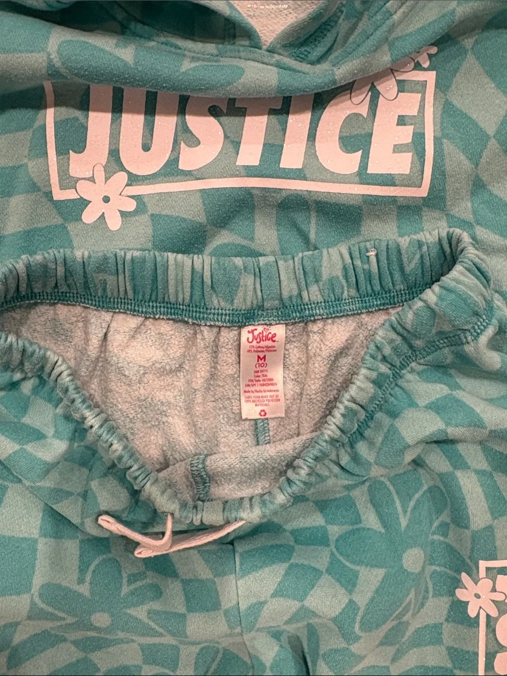 Justice Girls Teal Checkerboard Floral Hoodie & Joggers Set